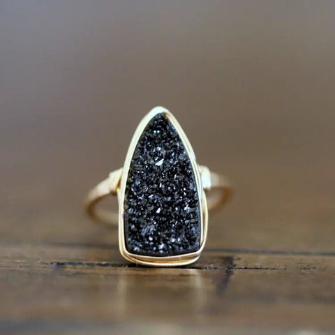 Druzy Triangle Ring Black Bohemian Cocktail - 14k Gold Fill size 6
