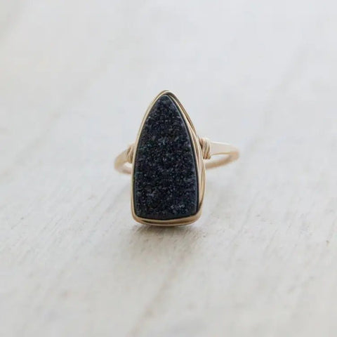 Druzy Triangle Ring Black Bohemian Cocktail - 14k Gold Fill size 6