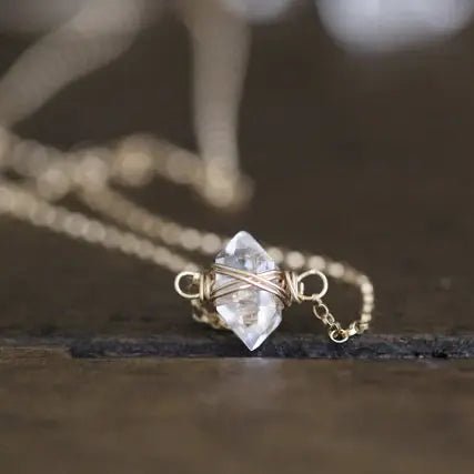 Herkimer Diamond Caged Necklace - 14k Gold Fill (Multiple Lengths) - Saratoga Botanicals, LLC